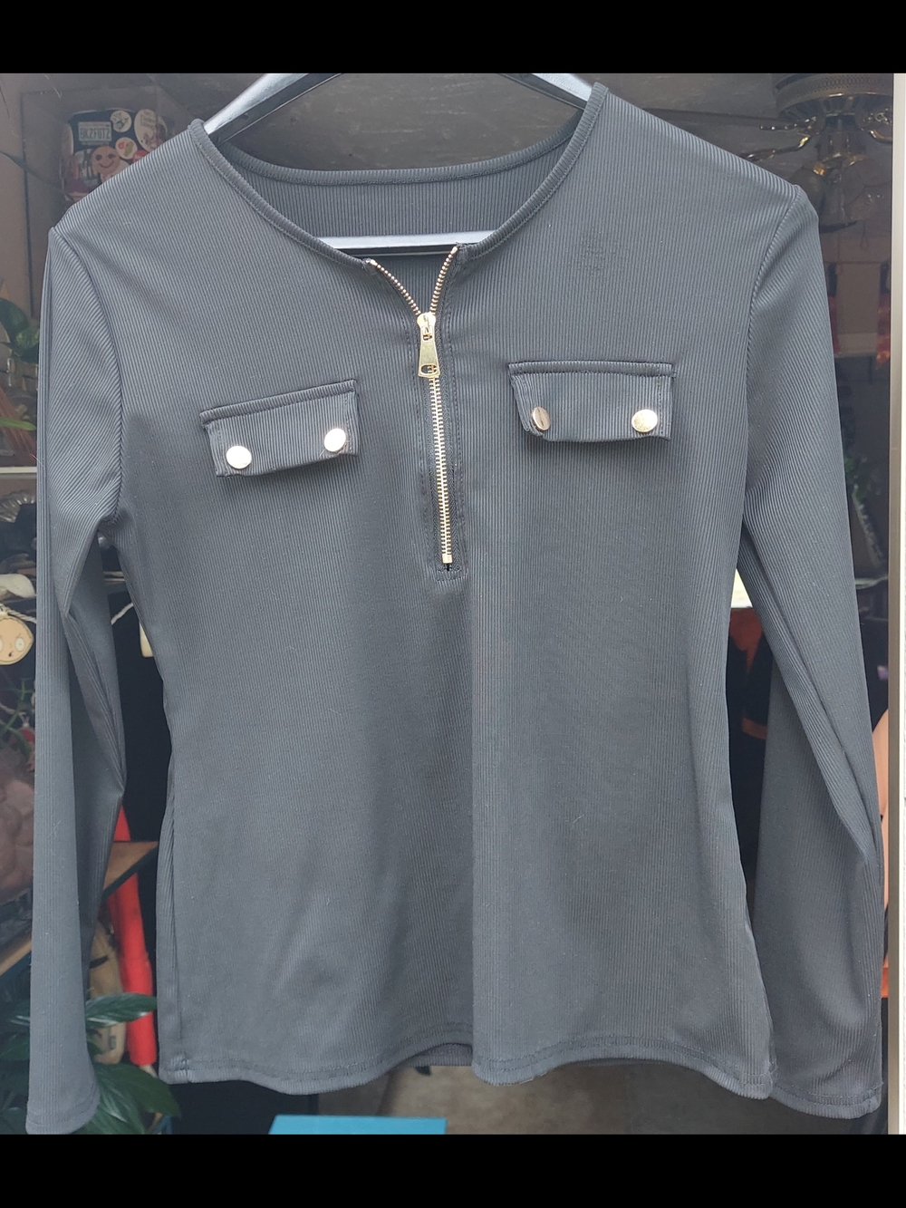 Amazon Black Ribbed Long Sleeve Top with Gold Zipper